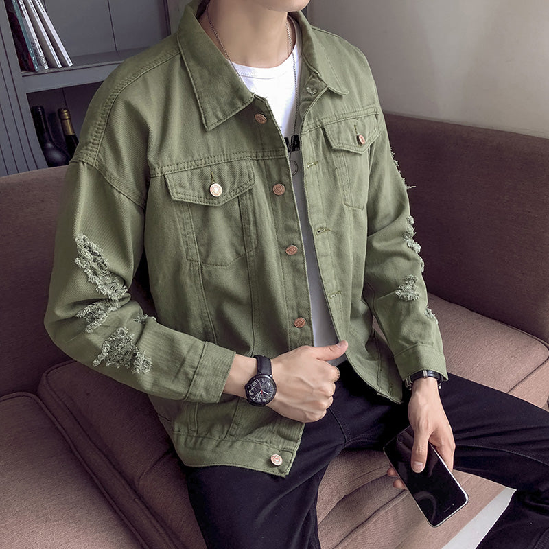 Rigid Detail Camouflage Khaki Mens Jeans Jacket
